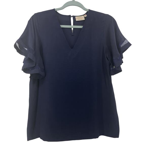 RUNGOLEE Size XS SILK Top Navy Blue Short Flutter Mesh Sleeve Basic V-Neck - Picture 1 of 5